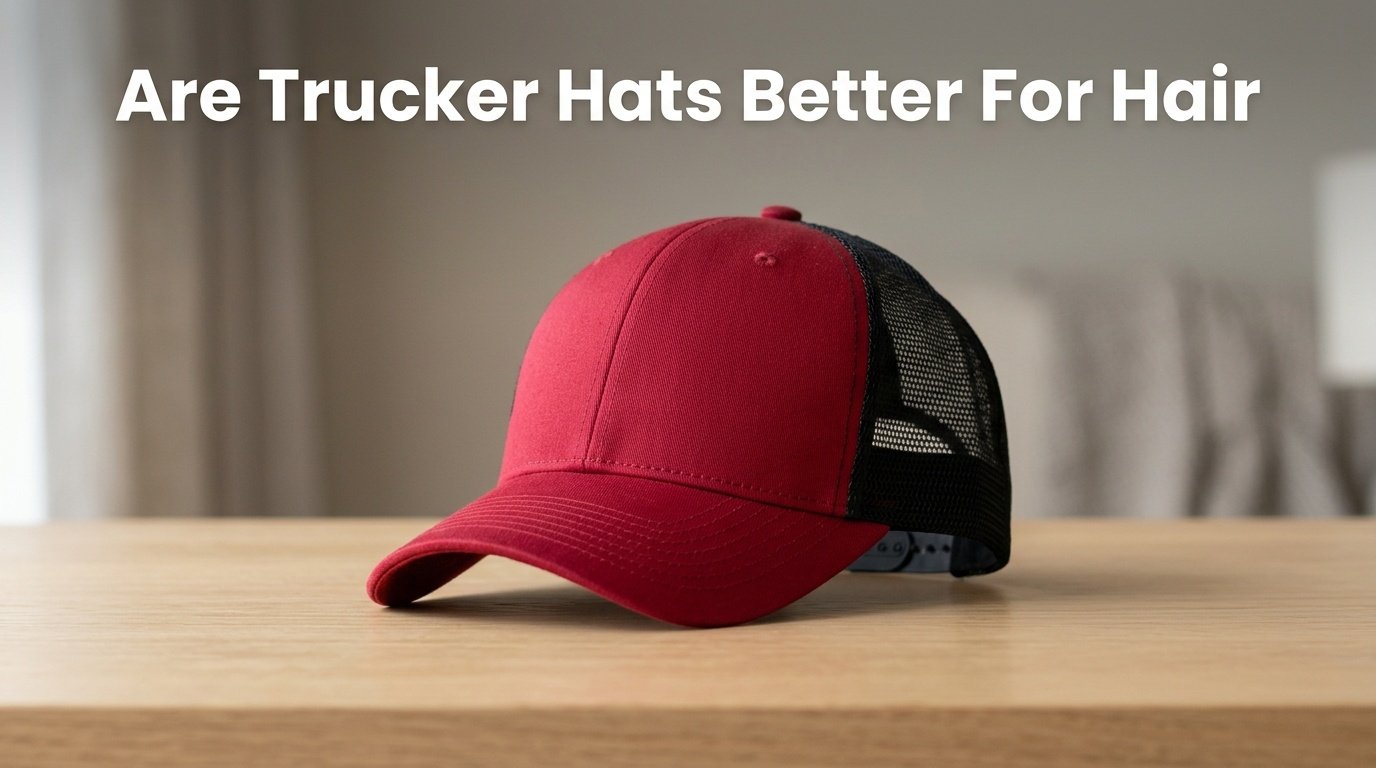 Professional photography for article: Are Trucker Hats Better For Hair. High quality trucker hat on minimalist background.