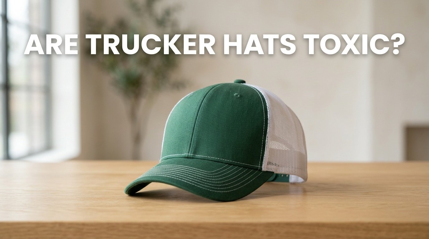 Professional photography for article: Are Trucker Hats Toxic. High quality trucker hat on minimalist background.