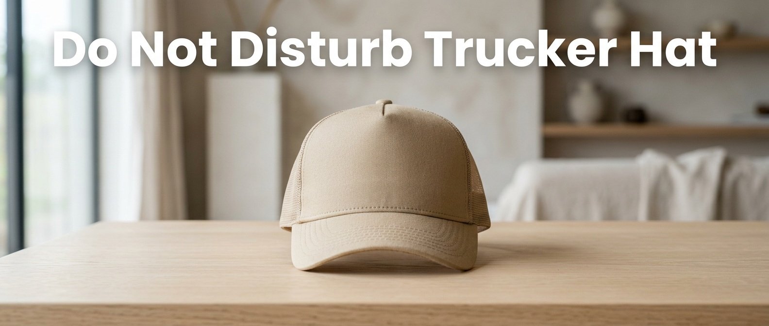 Professional photography for article: Do Not Disturb Trucker Hat. High quality trucker hat on minimalist background.