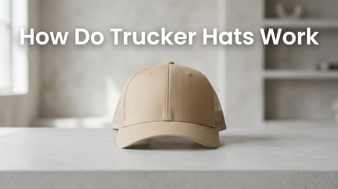 Professional photography for article: How Do Trucker Hats Work. High quality trucker hat on minimalist background.