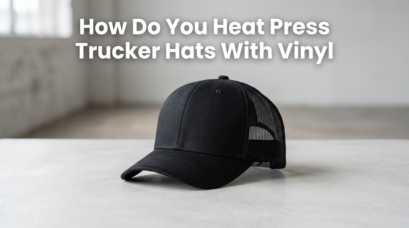 Professional photography for article: How Do You Heat Press Trucker Hats With Vinyl. High quality trucker hat on minimalist background.