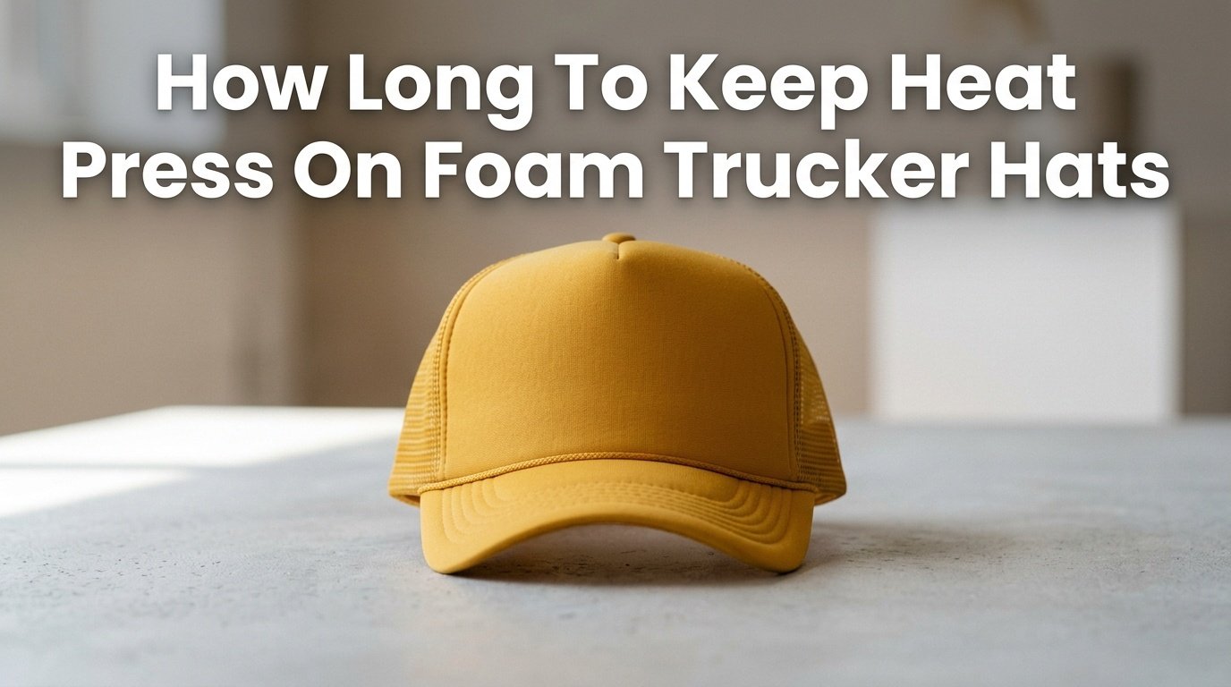 Professional photography for article: How Long To Keep Heat Press On Foam Trucker Hats. High quality trucker hat on minimalist background.