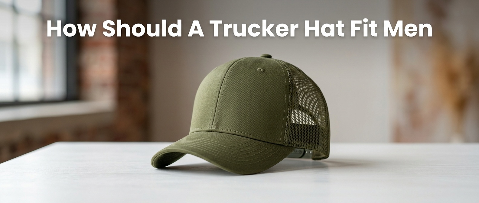 Professional photography for article: How Should A Trucker Hat Fit Men. High quality trucker hat on minimalist background.