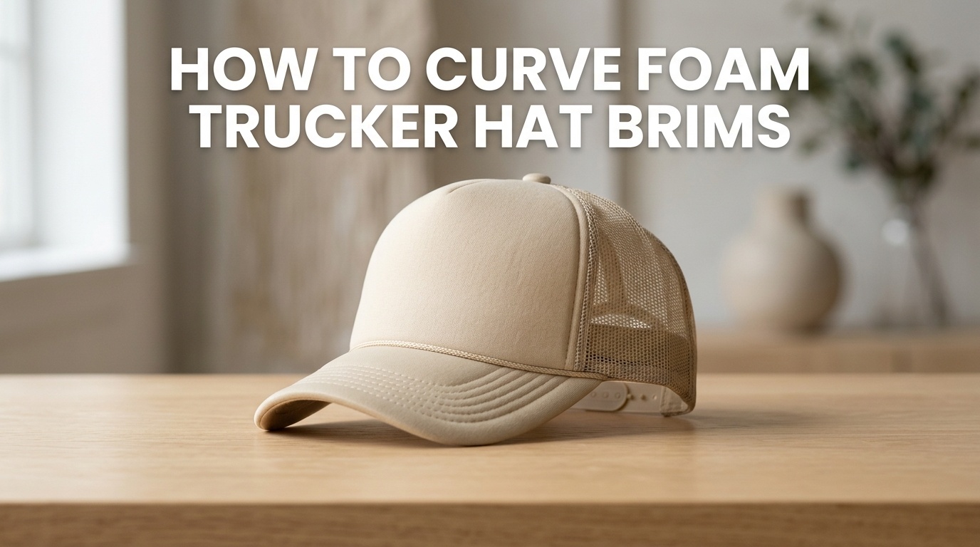 Professional photography for article: How To Curve Foam Trucker Hat Brims. High quality trucker hat on minimalist background.