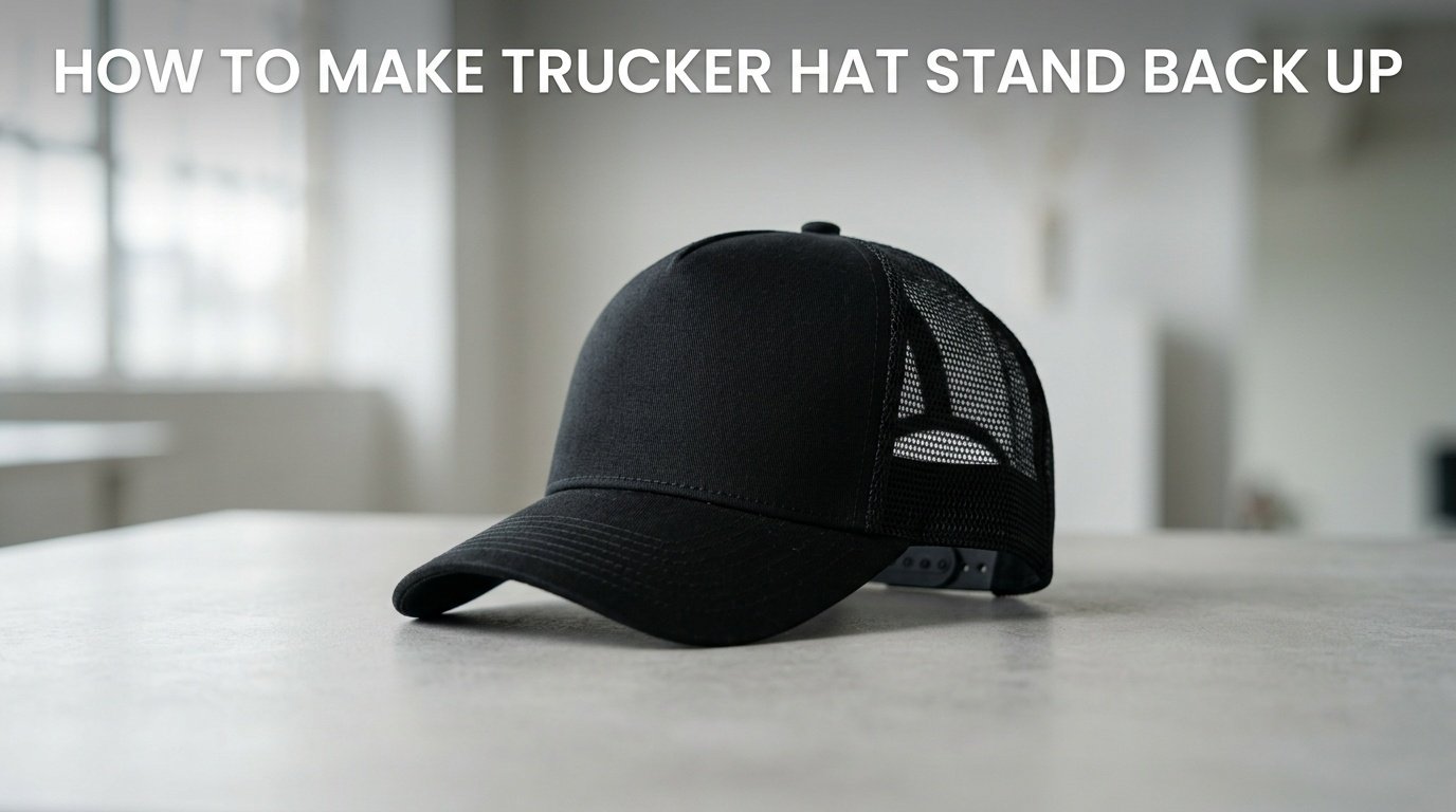 Professional photography for article: How To Make Trucker Hat Stand Back Up. High quality trucker hat on minimalist background.