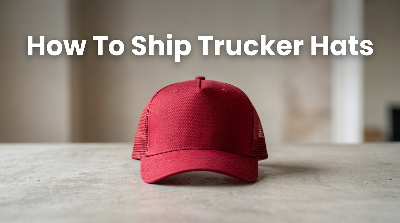 Professional photography for article: How To Ship Trucker Hats. High quality trucker hat on minimalist background.