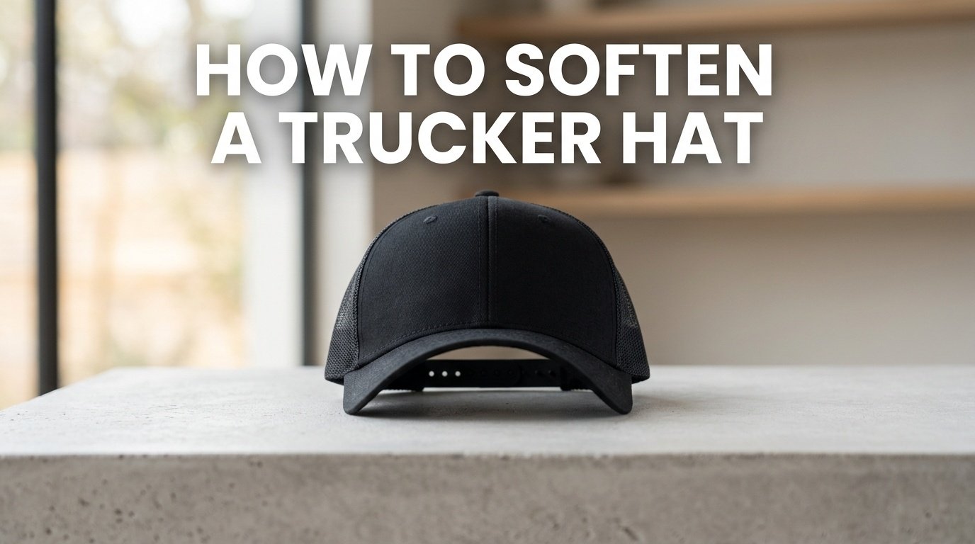 Professional photography for article: How To Soften A Trucker Hat. High quality trucker hat on minimalist background.
