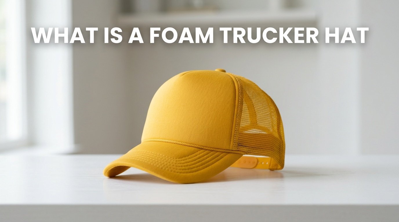 Professional photography for article: What Is A Foam Trucker Hat. High quality trucker hat on minimalist background.