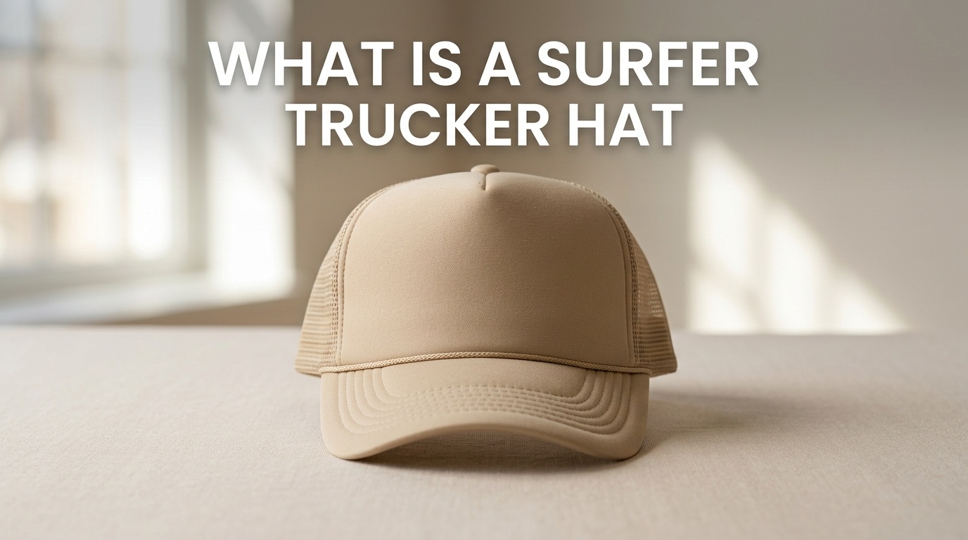 Professional photography for article: What Is A Surfer Trucker Hat. High quality trucker hat on minimalist background.