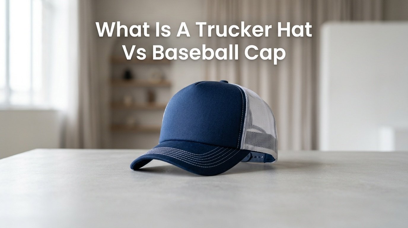 Professional photography for article: What Is A Trucker Hat Vs Baseball Cap. High quality trucker hat on minimalist background.