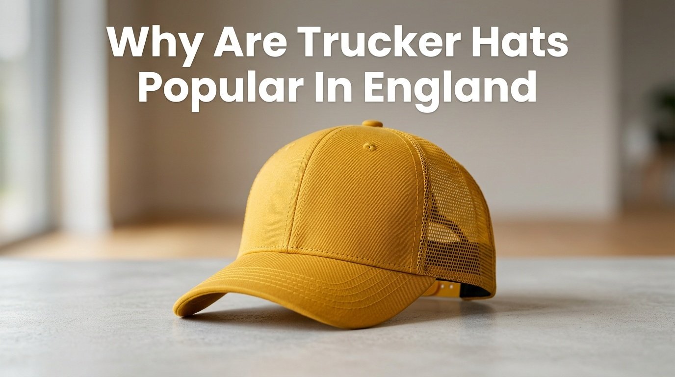 Professional photography for article: Why Are Trucker Hats Popular In England. High quality trucker hat on minimalist background.