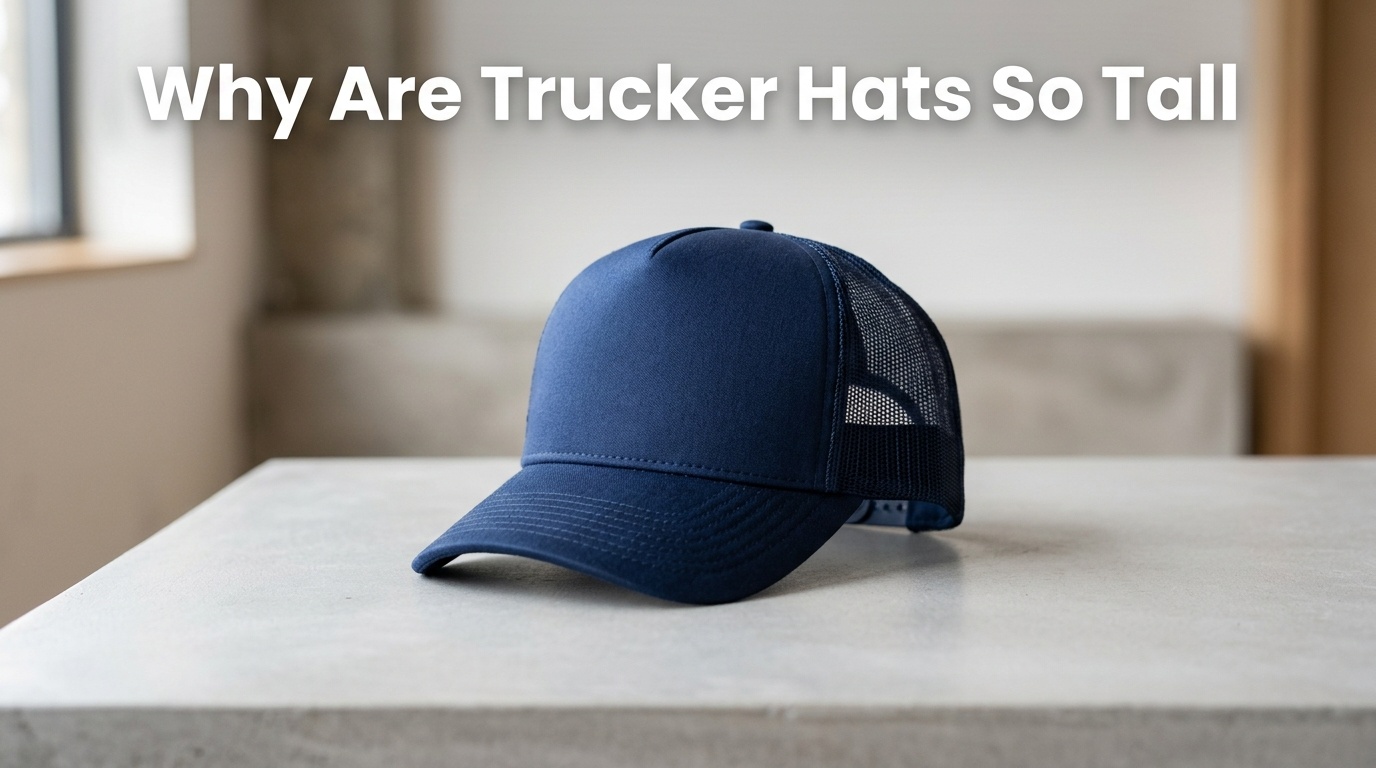 Professional photography for article: Why Are Trucker Hats So Tall. High quality trucker hat on minimalist background.